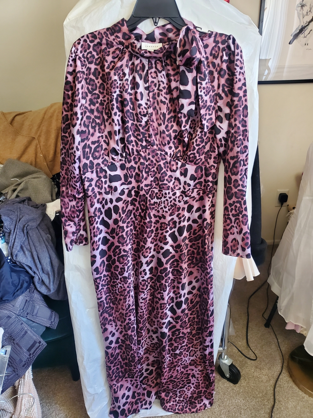 Topshop Pink Leopard Print Tie-Neck Midi Dress